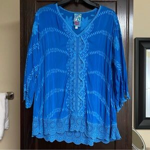 Johnny Was Blue Lace Mid Length Sleeve Blouse Woman's Size S